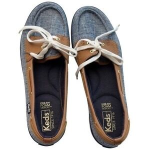 Keds Boat Shoes Blue Chambray Beige Trim Dream Foam Nautical Coastal Preppy Sz 8
